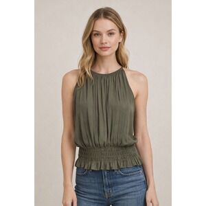 Ramy Brook Lauren Sleeveless High Neck Smocked Pleated Peplum Top S Olive Green